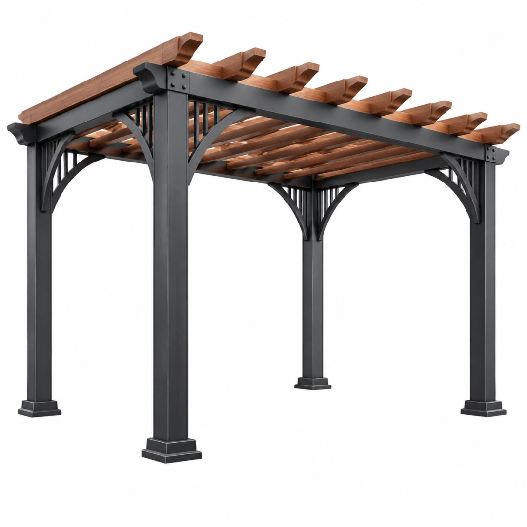 Pérgola 300 x 300 x 250 cm de acero y madera negra y marrón para jardín