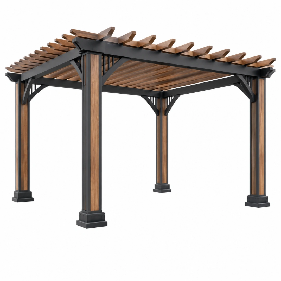 Pérgola 300 x 300 x 240 cm de metal y madera marrón y negro para jardín con lamas abiertas