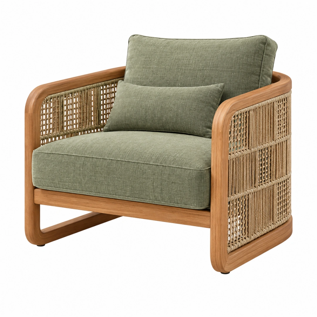 Sillón 82 x 78 x 82 cm de madera y ratán verde estilo natural
