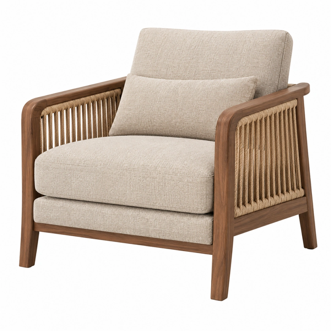 Sillón 78 x 78 x 82 cm de madera y cuerda beige estilo natural