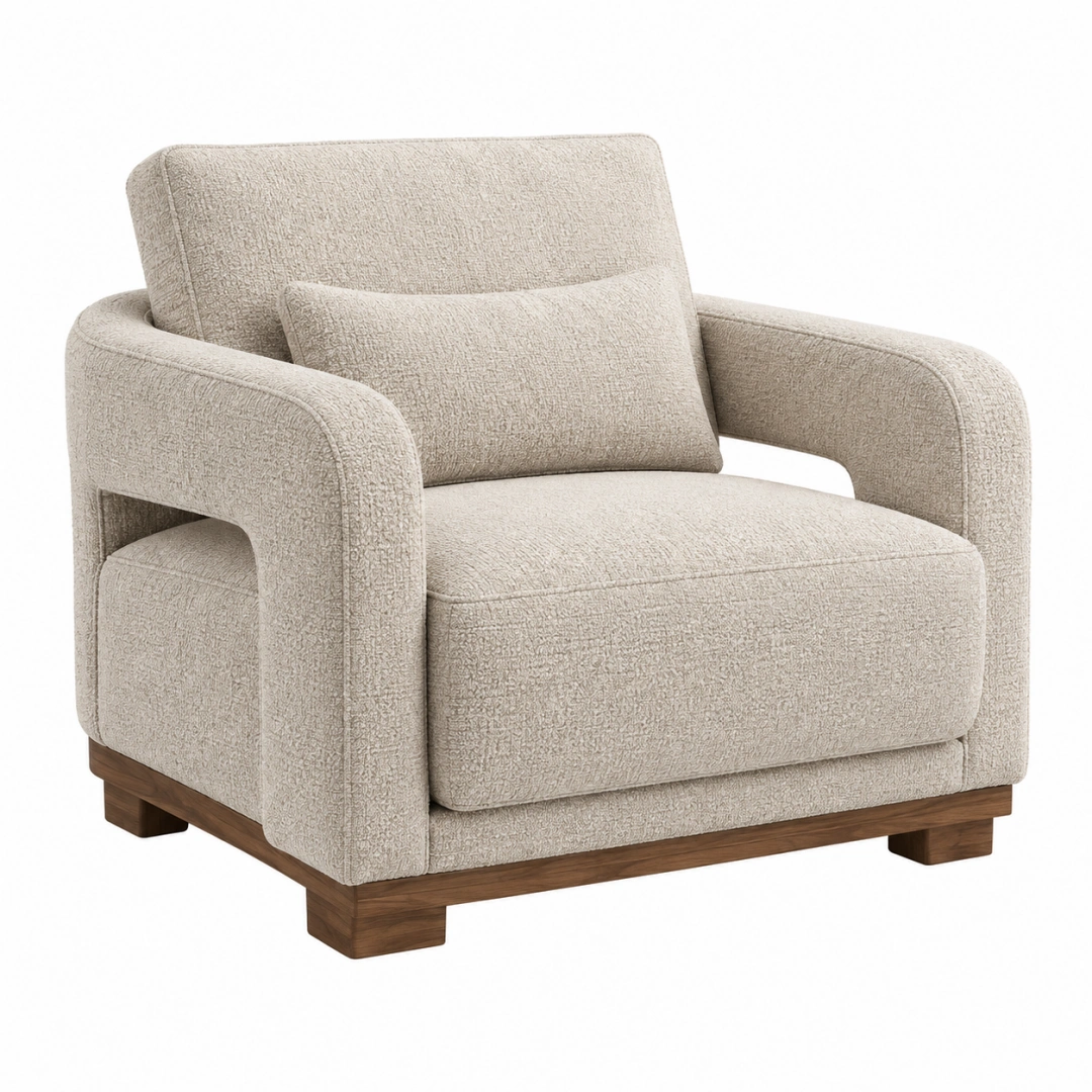 Sillón 92 x 88 x 84 cm tapizado bouclé beige con base de madera para salón estilo contemporáneo