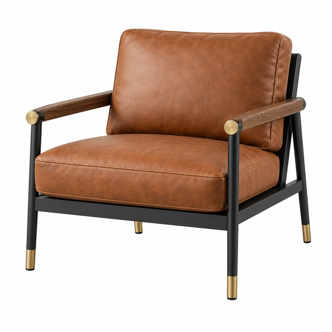 Sillón 76 x 72 x 82 cm de cuero sintético marrón con estructura de metal y madera estilo industrial