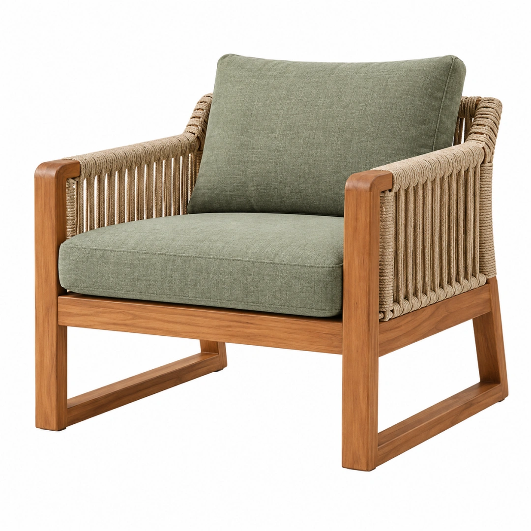 Sillón 76 x 80 x 82 cm de madera con cuerda trenzada y tapizado verde estilo natural