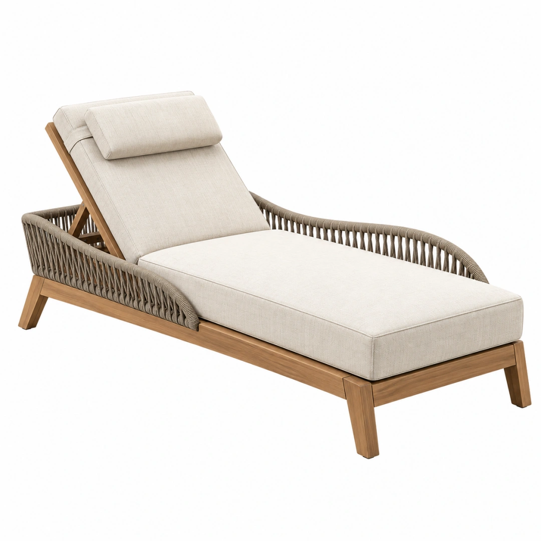 Tumbona de exterior 200 cm de madera y cuerda beige con respaldo reclinable