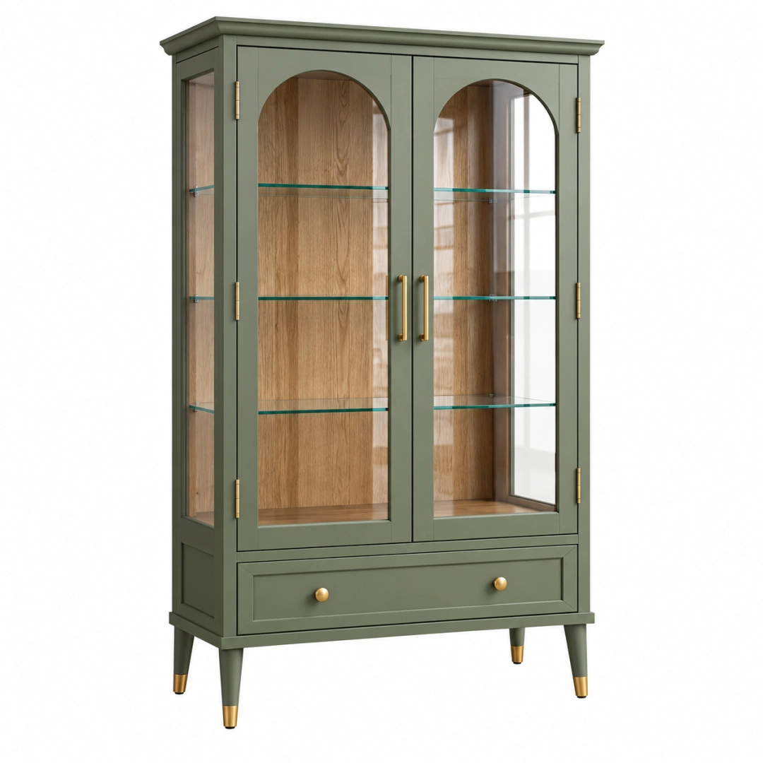 Vitrina 90 x 40 x 180 cm de madera y vidrio verde con cajón estilo clásico
