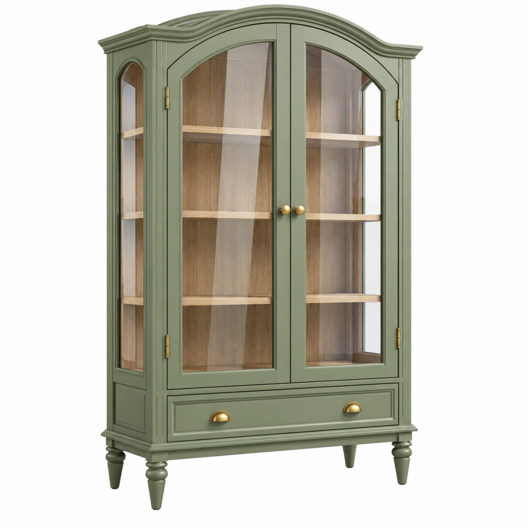 Vitrina 100 x 45 x 190 cm de madera y vidrio verde salvia con cajón